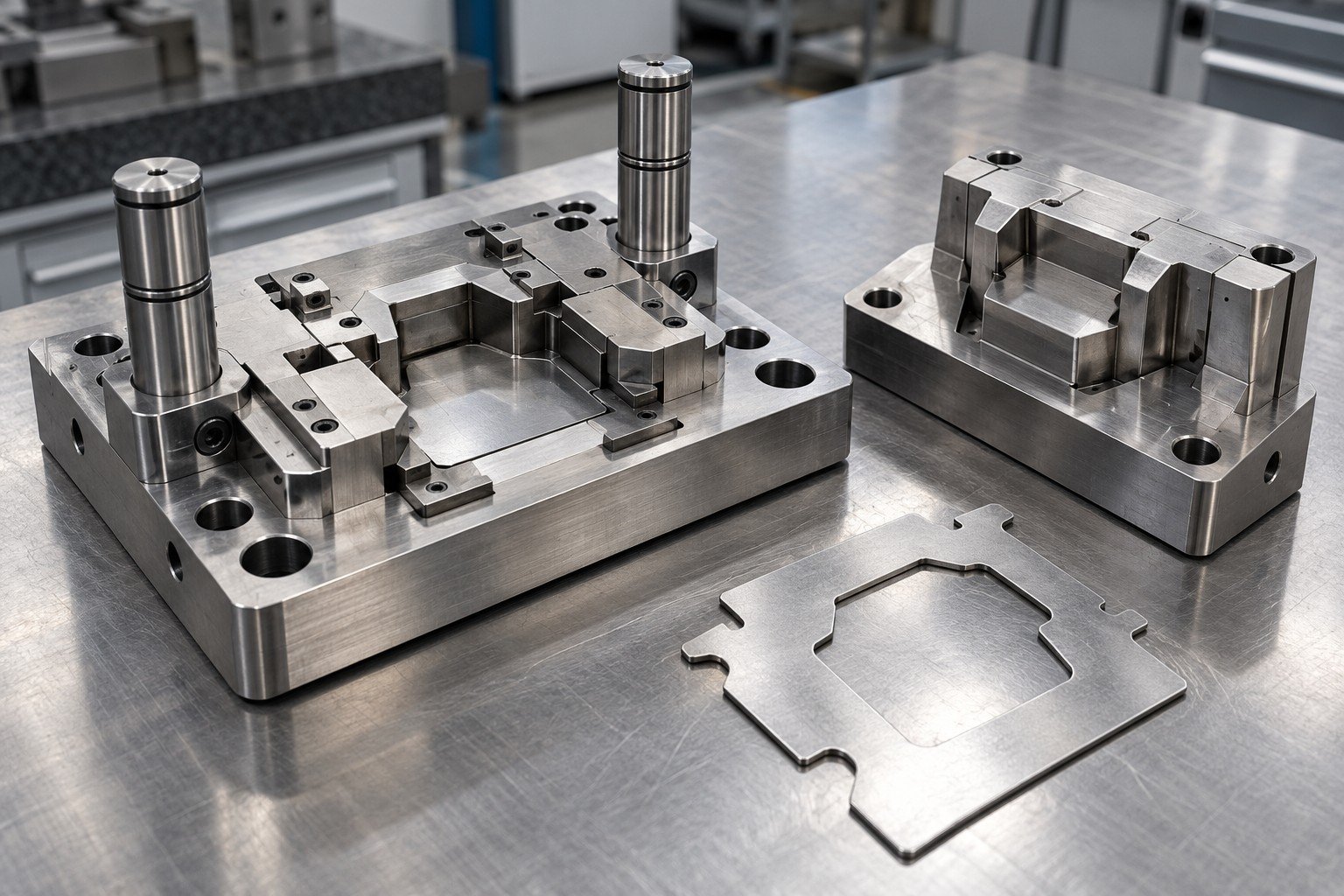 Precision blanking punch and die insert on grinding inspection table beside sheet metal blank