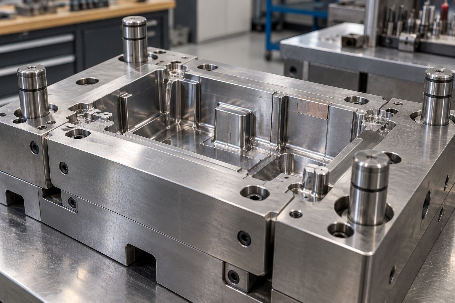 Close view of a tool steel cavity insert with small repair boundary on clean toolroom bench, no active laser