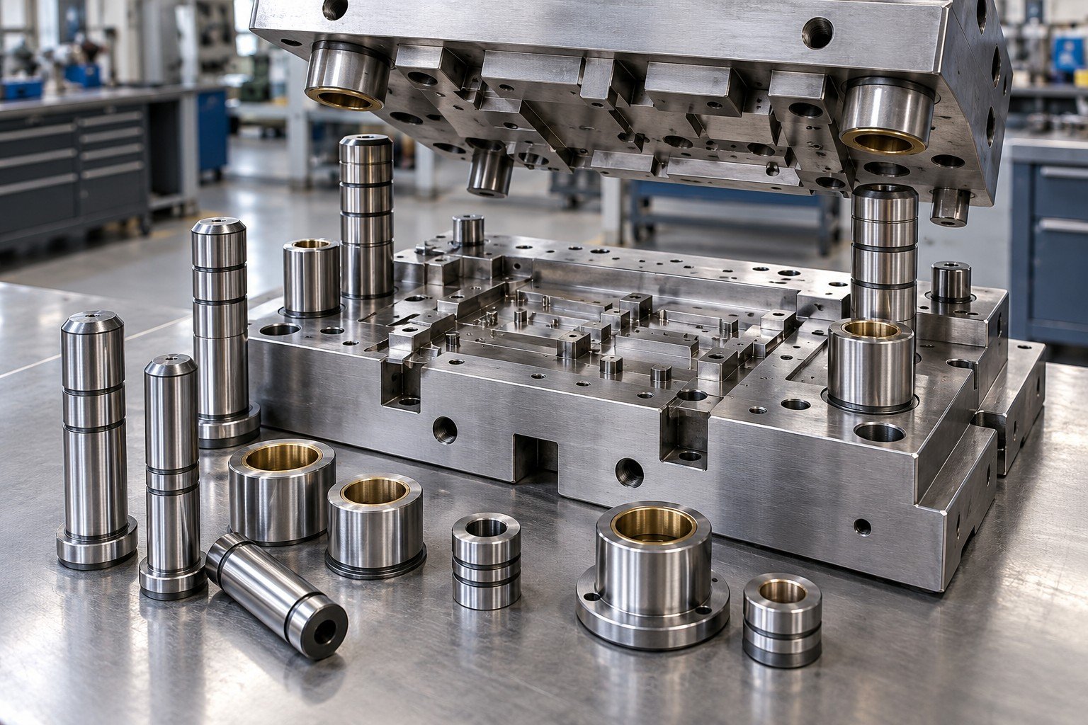 Precision guide pins and bushes beside opened stamping die shoe and alignment features