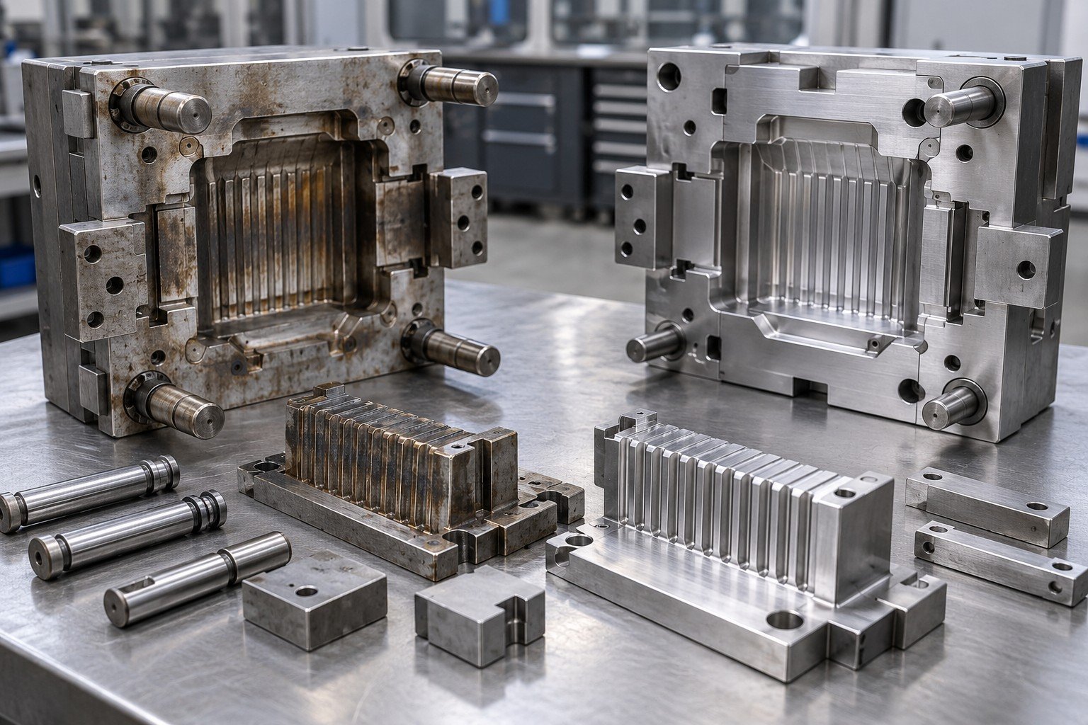 Organized industrial mold wear components with distinct wear bands and clean corresponding replacement parts