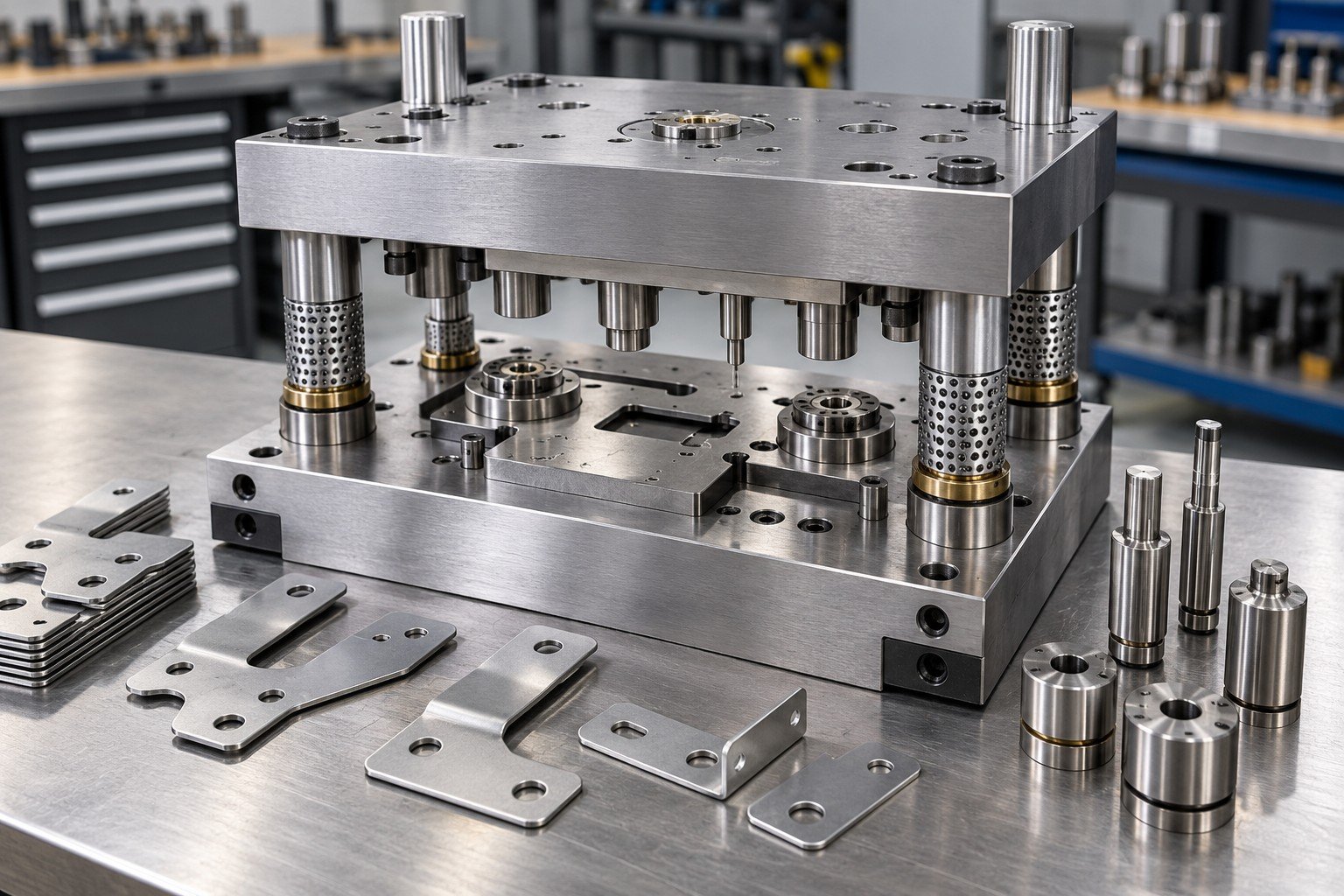 Single station blanking and piercing die with sheet metal bracket blanks and removable punches; Your Fault detail