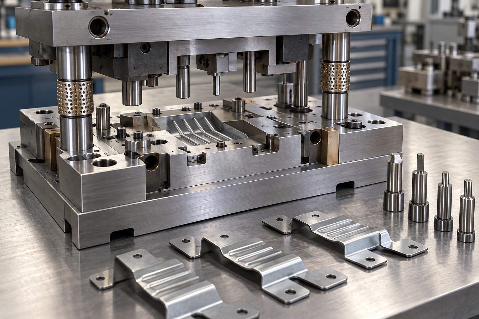 Single station blanking and piercing die with sheet metal bracket blanks and removable punches; Repair Scope detail