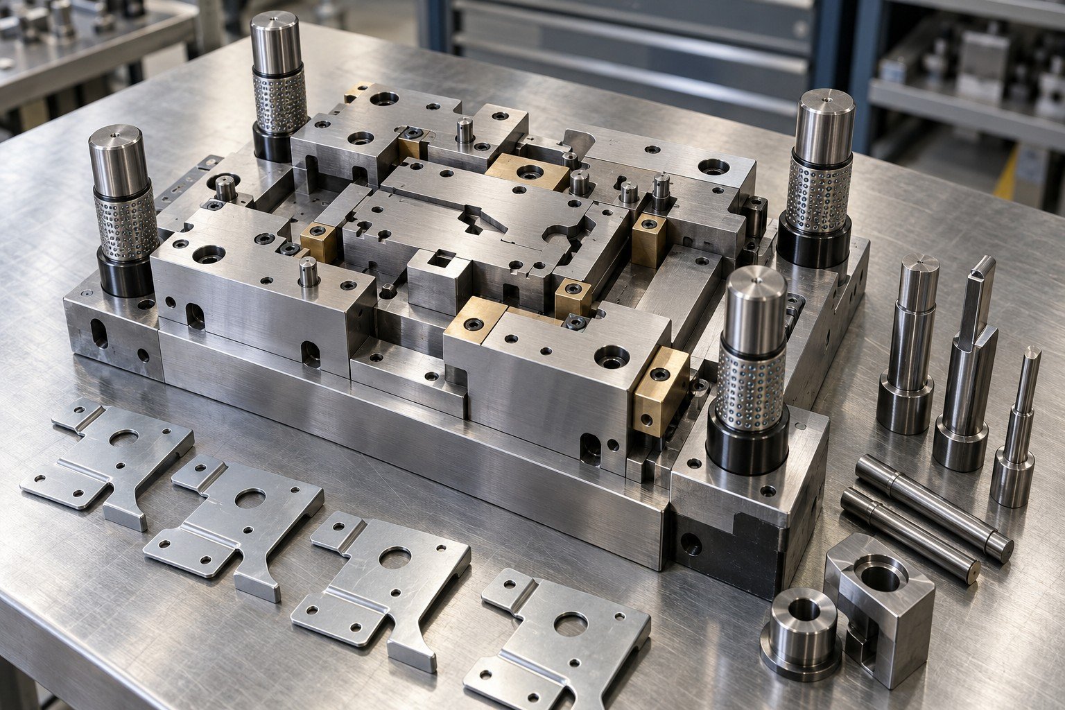 Single station blanking and piercing die with sheet metal bracket blanks and removable punches; Work Plan detail
