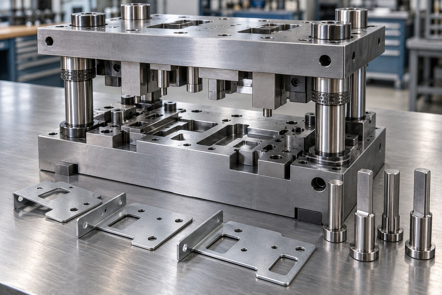Single station blanking and piercing die with sheet metal bracket blanks and removable punches; Acceptance detail