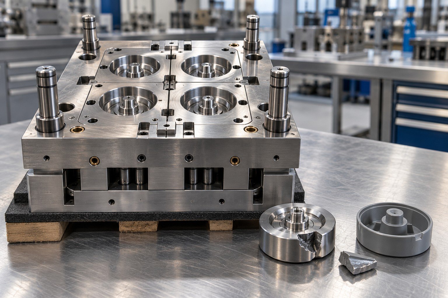 Compact industrial mold on protected receiving pallet with separated chipped insert and fault sample; Your Fault detail