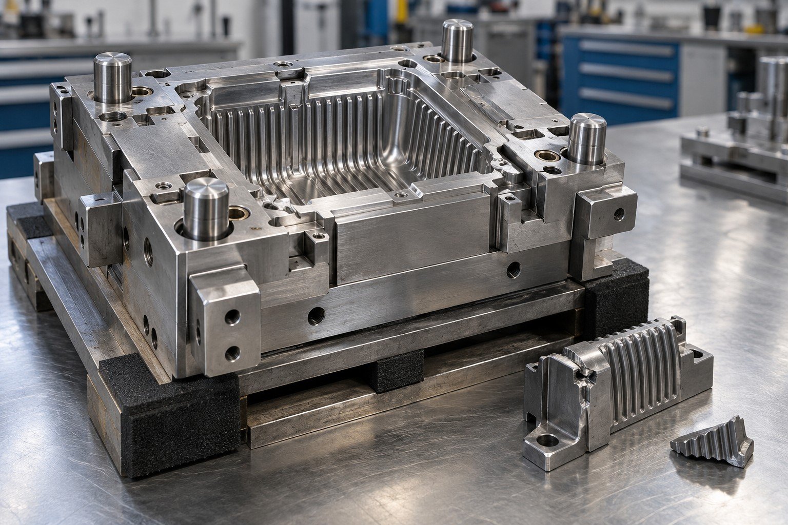 Compact industrial mold on protected receiving pallet with separated chipped insert and fault sample; Repair Scope detail