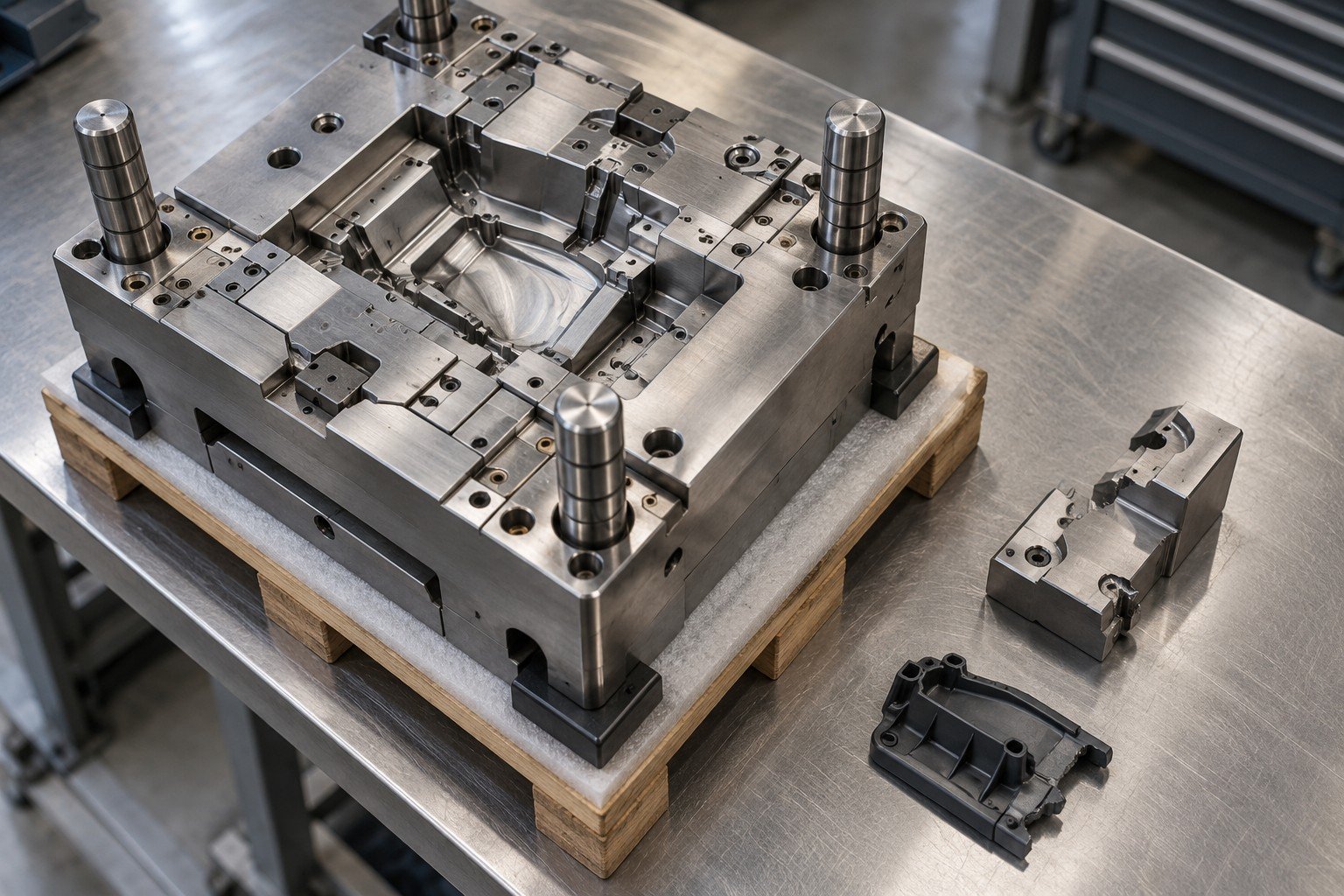 Compact industrial mold on protected receiving pallet with separated chipped insert and fault sample; Work Plan detail
