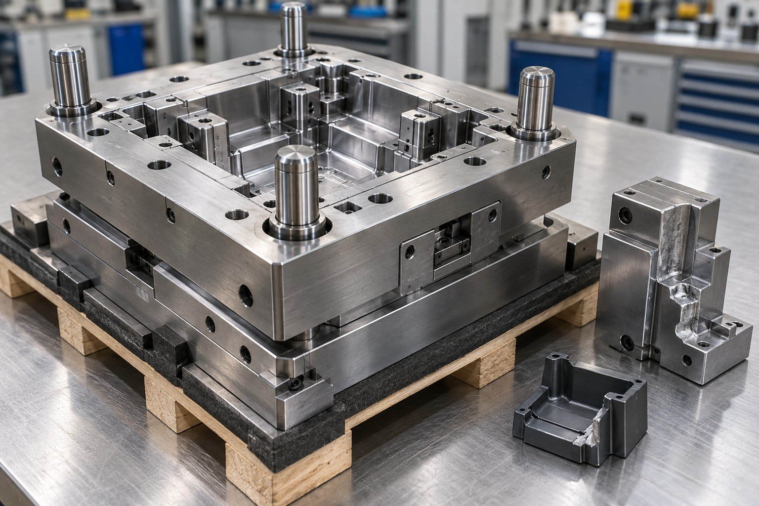 Compact industrial mold on protected receiving pallet with separated chipped insert and fault sample; Acceptance detail