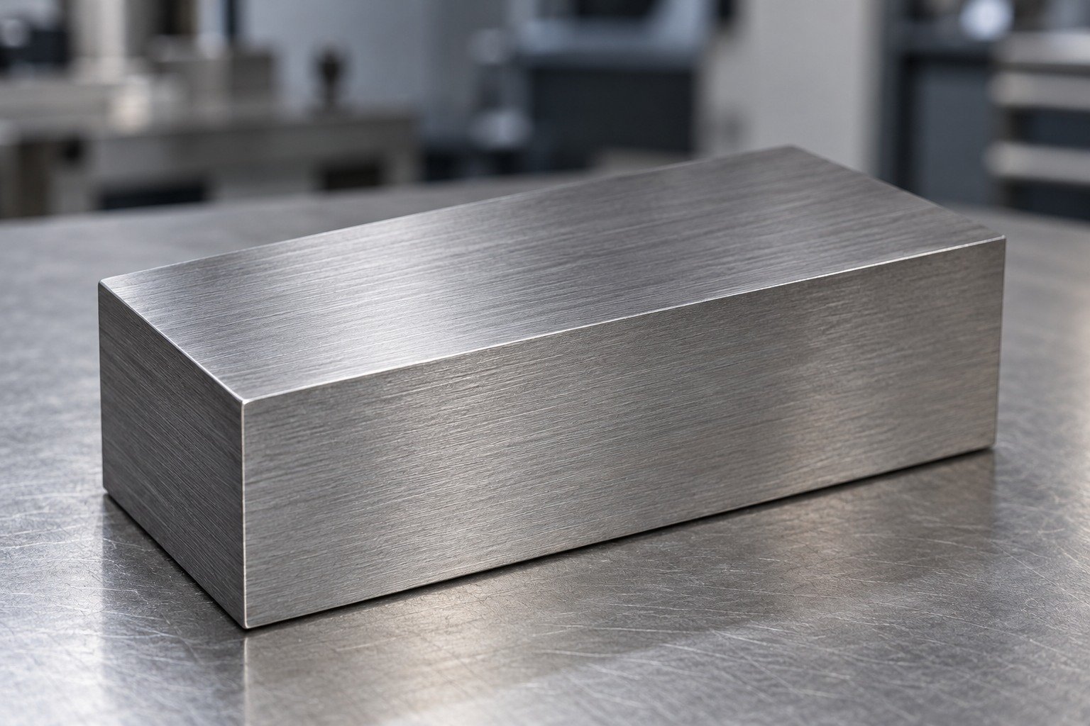 Macro photograph of one small rectangular precision-ground tool steel coupon filling frame, fine consistent linear grinding texture, cool neutral grey, no labels — illustrative component concept