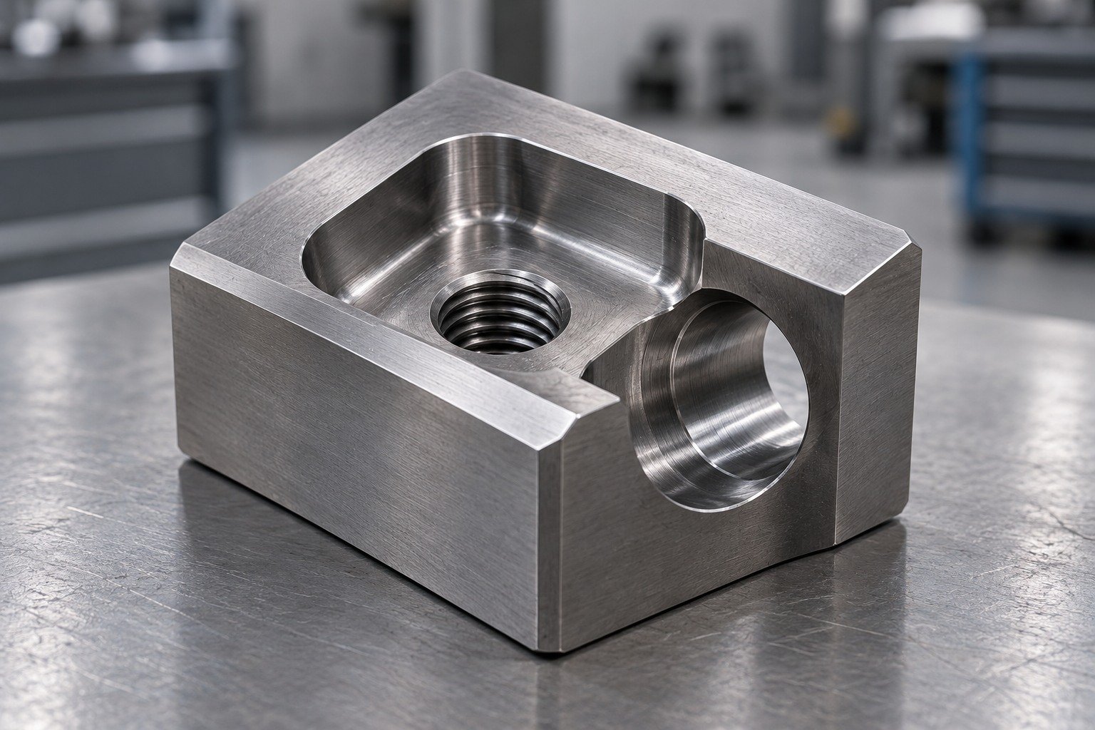 Complex tool steel insert with a blind threaded hole, an intersecting bore and a radiused pocket shown at an angle revealing all openings, no impossible transparent metal — illustrative component concept
