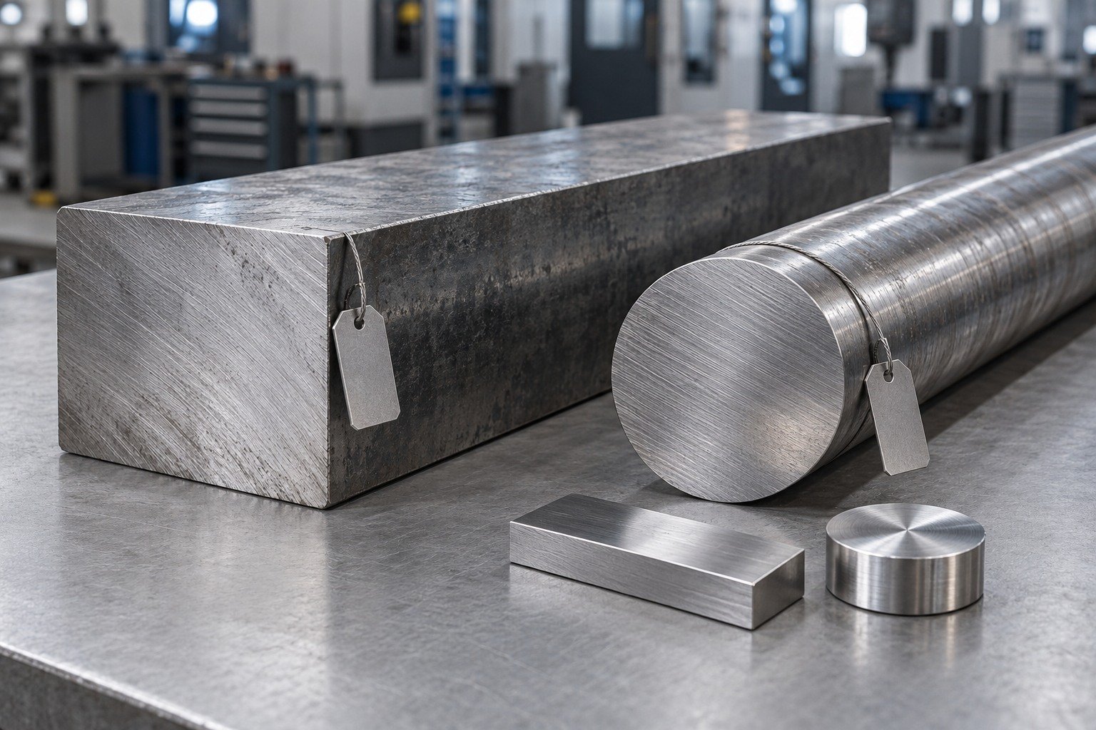 Tool steel rectangular bar and round bar with small physically plain traceability tags without text, visible sawn ends and machined sample coupon on neutral grey table, no document certificates — illustrative component concept