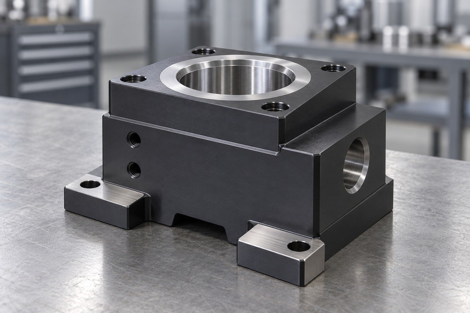 Dark grey coated tool steel punch holder block with deliberately uncoated bright locating bore and ground mounting pads, realistic clean masking boundary — illustrative component concept
