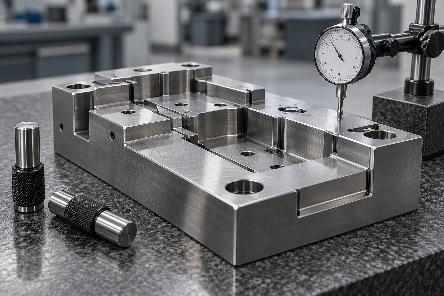 Complex stepped cold-work insert on a granite plate, dial indicator contacting its ground datum pad, separate plug gauges next to dowel holes, realistic metrology — illustrative component concept
