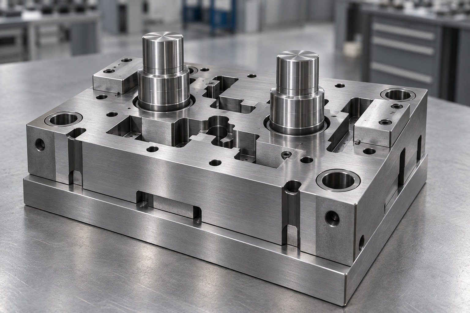 A precision cold-work steel blanking die insert with two stepped cylindrical shoulder punches, complex relieved pockets, dowel holes and ground locating faces, catalog arrangement — illustrative component concept