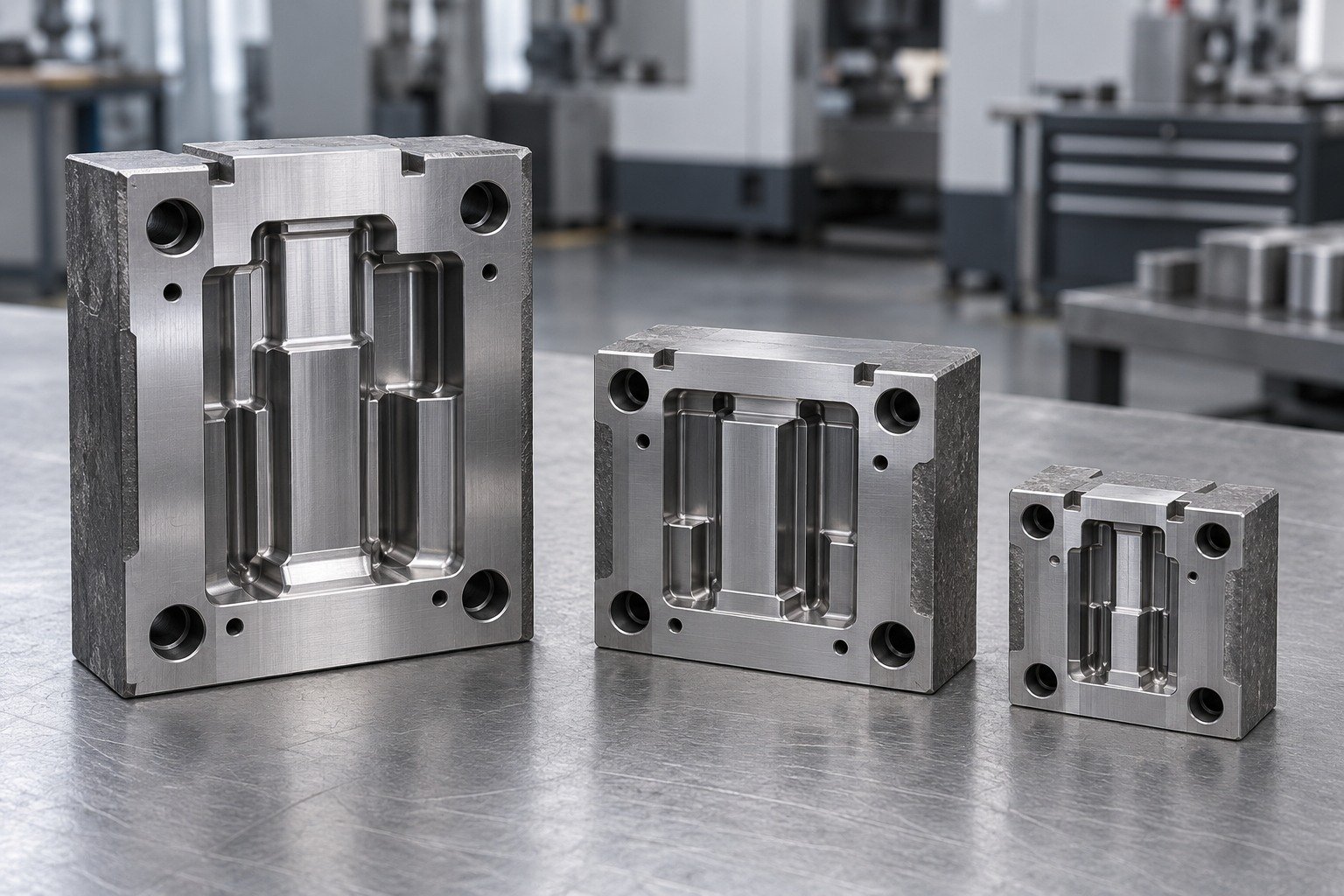 Three distinct rectangular cold-work die inserts of different sizes, rough machined outer margins contrasting with ground reference pads, orderly on a grey table, no measuring tools — illustrative component concept