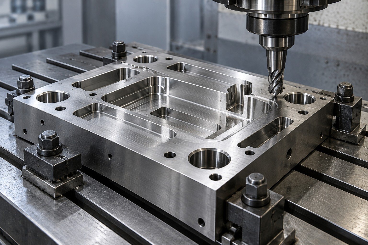 Complex steel die plate with dowel holes and milled pockets securely clamped on machine table, carbide cutter above corner radius, realistic tool steel machining setup — illustrative component concept