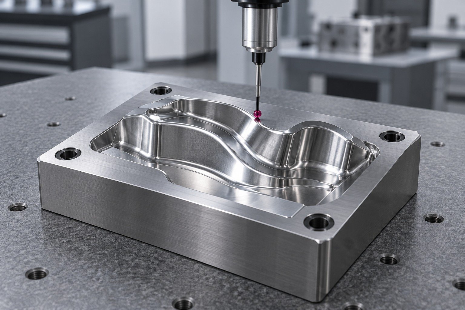 CMM ruby probe touches a polished molded-cavity tool steel insert with four bolt holes and asymmetric curved impression, clean coordinate inspection setting, no machine logos — illustrative component concept