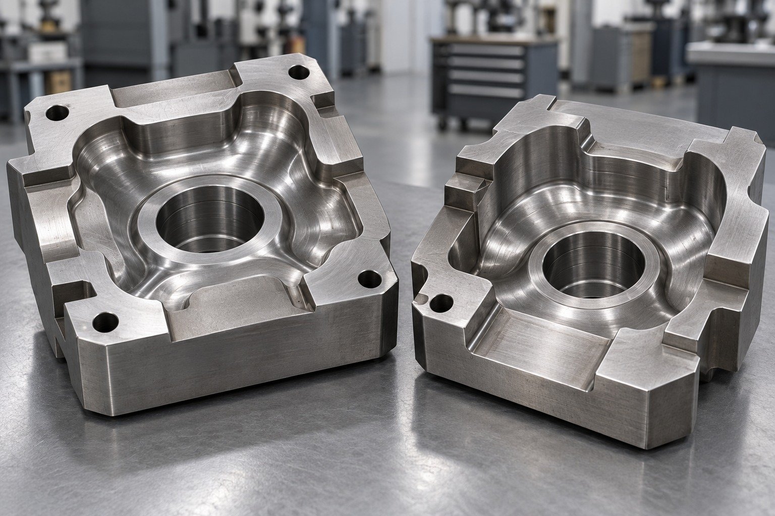 Two robust hot-work die inserts with smooth rounded forging impressions, deep central circular cavity and asymmetric locating steps, rounded transitions and thick walls — illustrative component concept