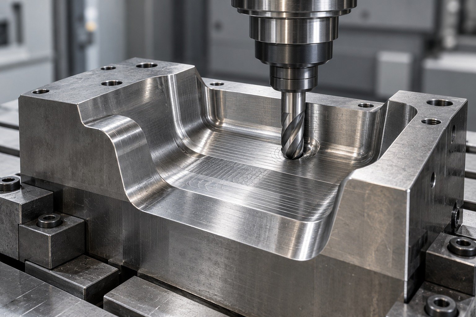 Ball nose end mill machining the rounded cavity of one securely clamped hot-work die insert, thick walls, visible step-over marks, no molten metal and no sparks — illustrative component concept