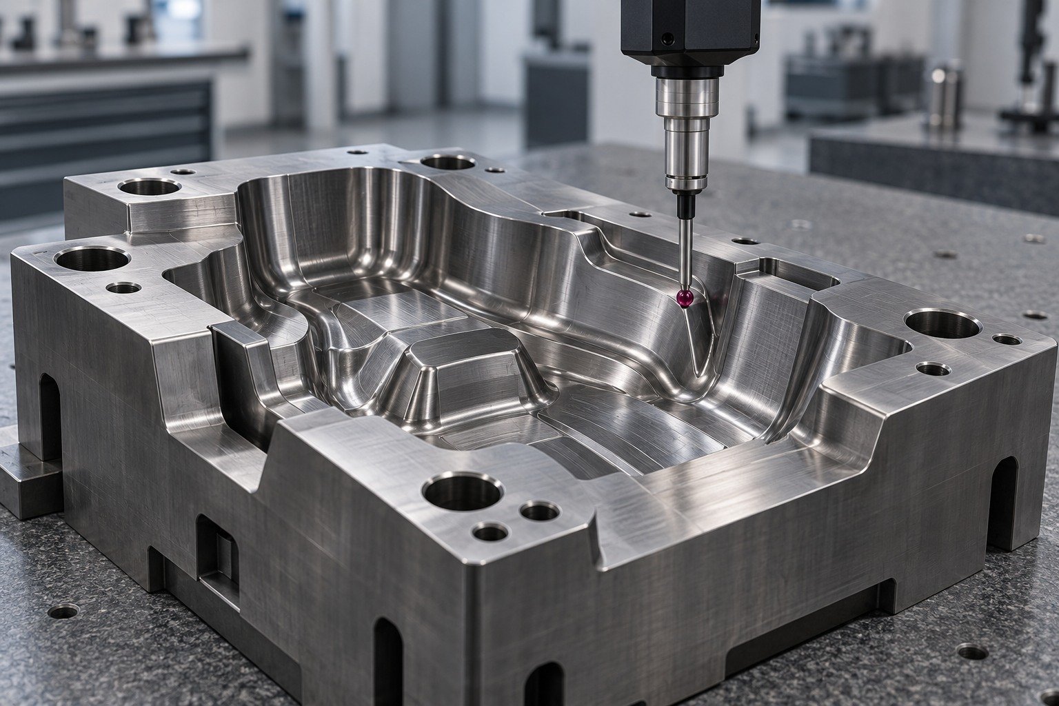 Unbranded coordinate measuring probe ruby ball gently contacts the interior of a large hot-work die cavity on a grey granite metrology table, realistic clean setup, no screen results — illustrative component concept