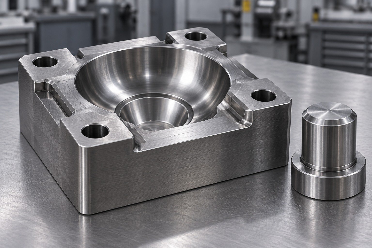 Thick hot-work tool steel die block with a smooth bowl-shaped impression and robust corner radii, another small cylindrical insert beside it, focus on section transitions — illustrative component concept