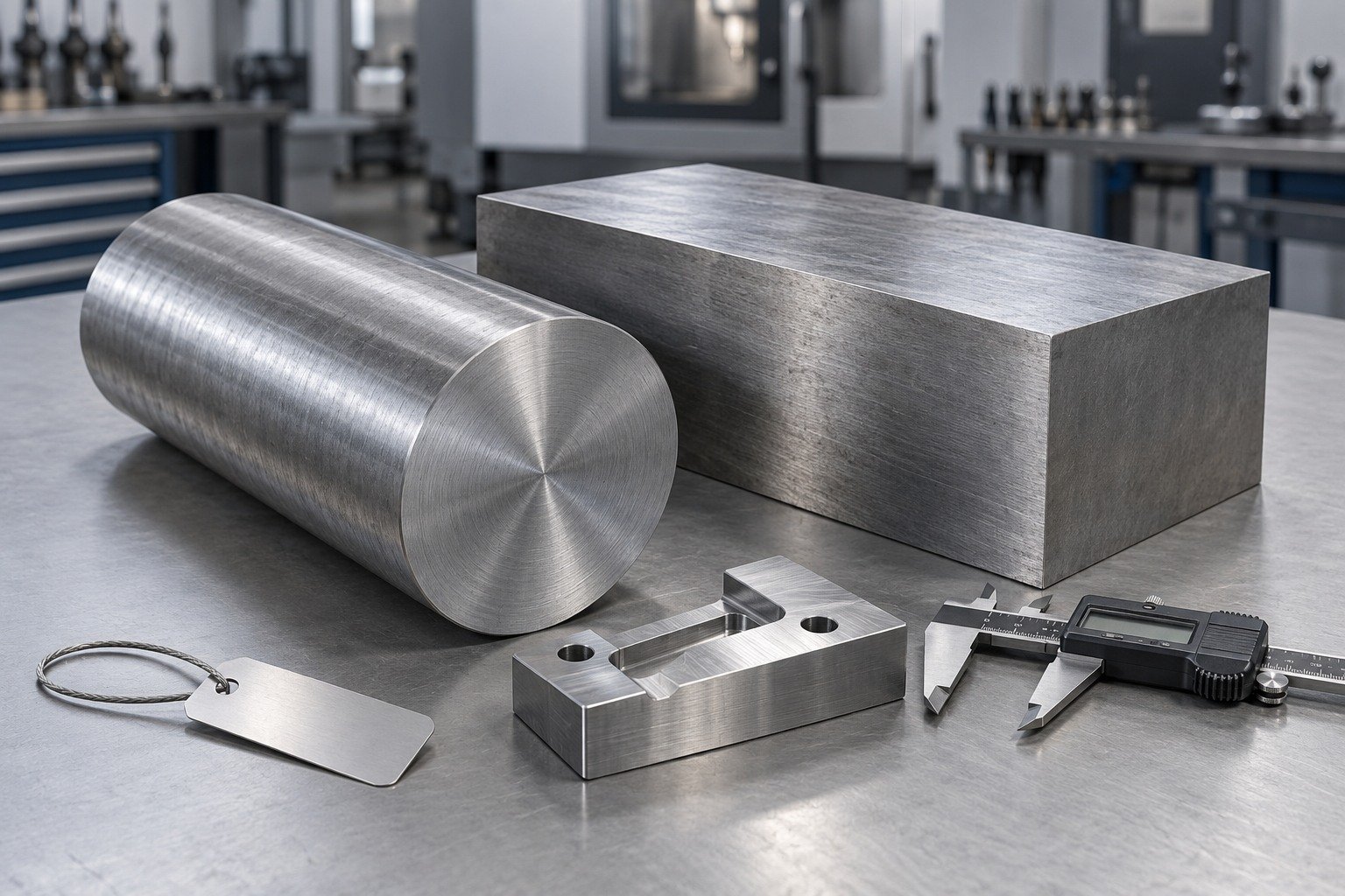 Two tool steel stock forms and a distinct small machined verification coupon with digital caliper open beside it, simple traceability tag without text, no claims or screens — illustrative component concept