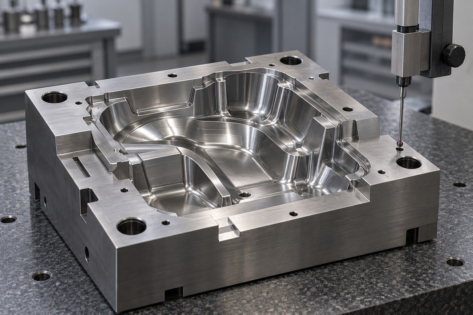 Precision mold cavity insert with complex curved pocket and stepped parting flange, height gauge stylus on the locating face, granite table, no digital readouts — illustrative component concept