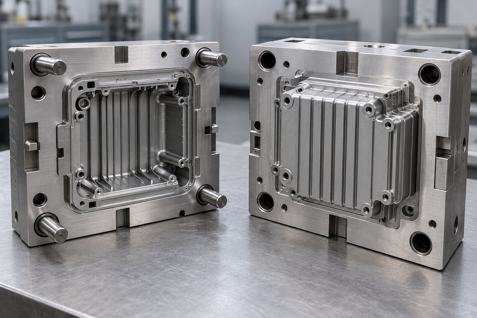 Distinct polished steel plastic injection mold cavity and core inserts for a ribbed industrial enclosure, clear parting faces, ejector holes and radiused pockets, no complete machine — illustrative component concept