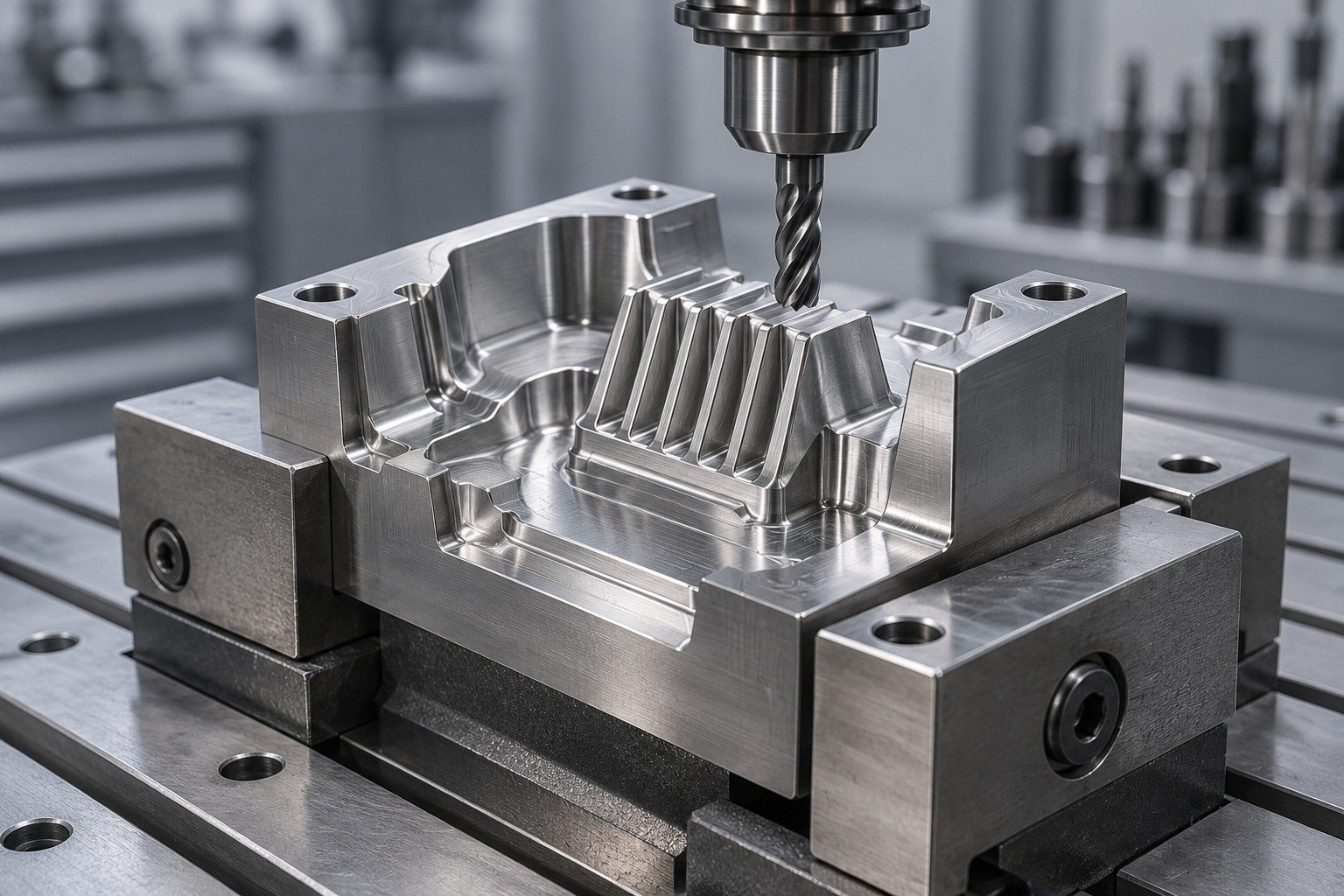 A compact tool-steel mold core in a vise, slender end mill above ribbed geometry with plausible machining access, controlled workholding, clean workshop — illustrative component concept