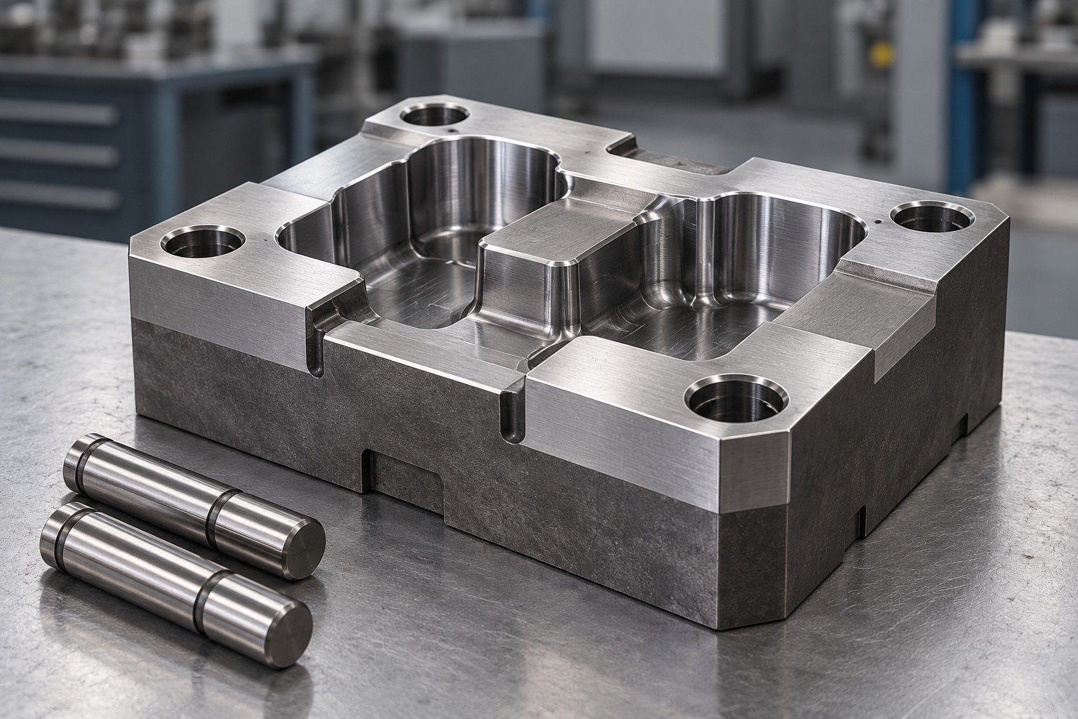 A thick steel die insert with symmetric machining allowance bands and ground datum pads, two finished dowel pins alongside, visually explaining final fit after thermal processing without displaying a furnace — illustrative component concept
