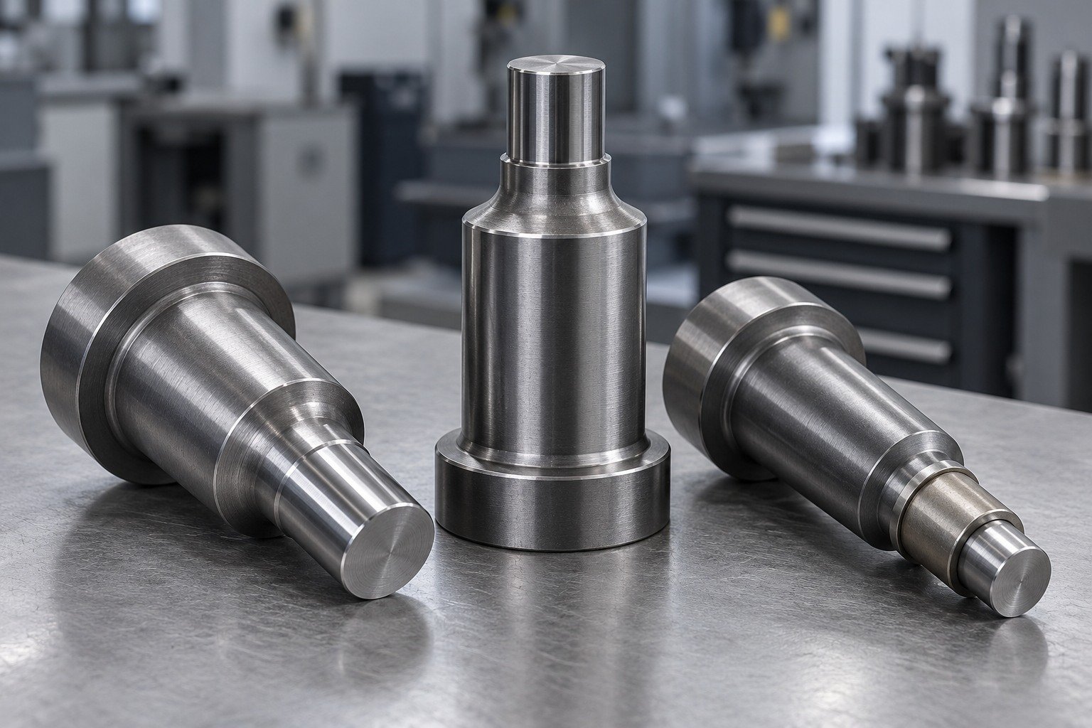 Three heavy industrial punch shanks with generous shoulder radii and short working ends, macro visible ground surfaces, one distinct small stepped wear sleeve, neutral table — illustrative component concept