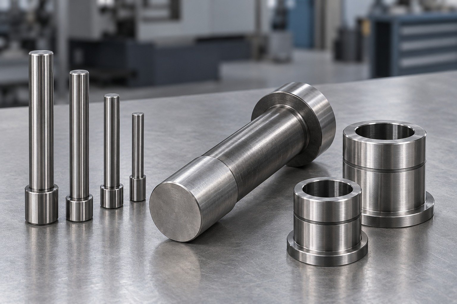 A short set of industrial tool steel ejector-like shoulder pins, a substantial impact punch with a blunt flat working end and two stepped wear bushings, no cutting edges or weapons — illustrative component concept