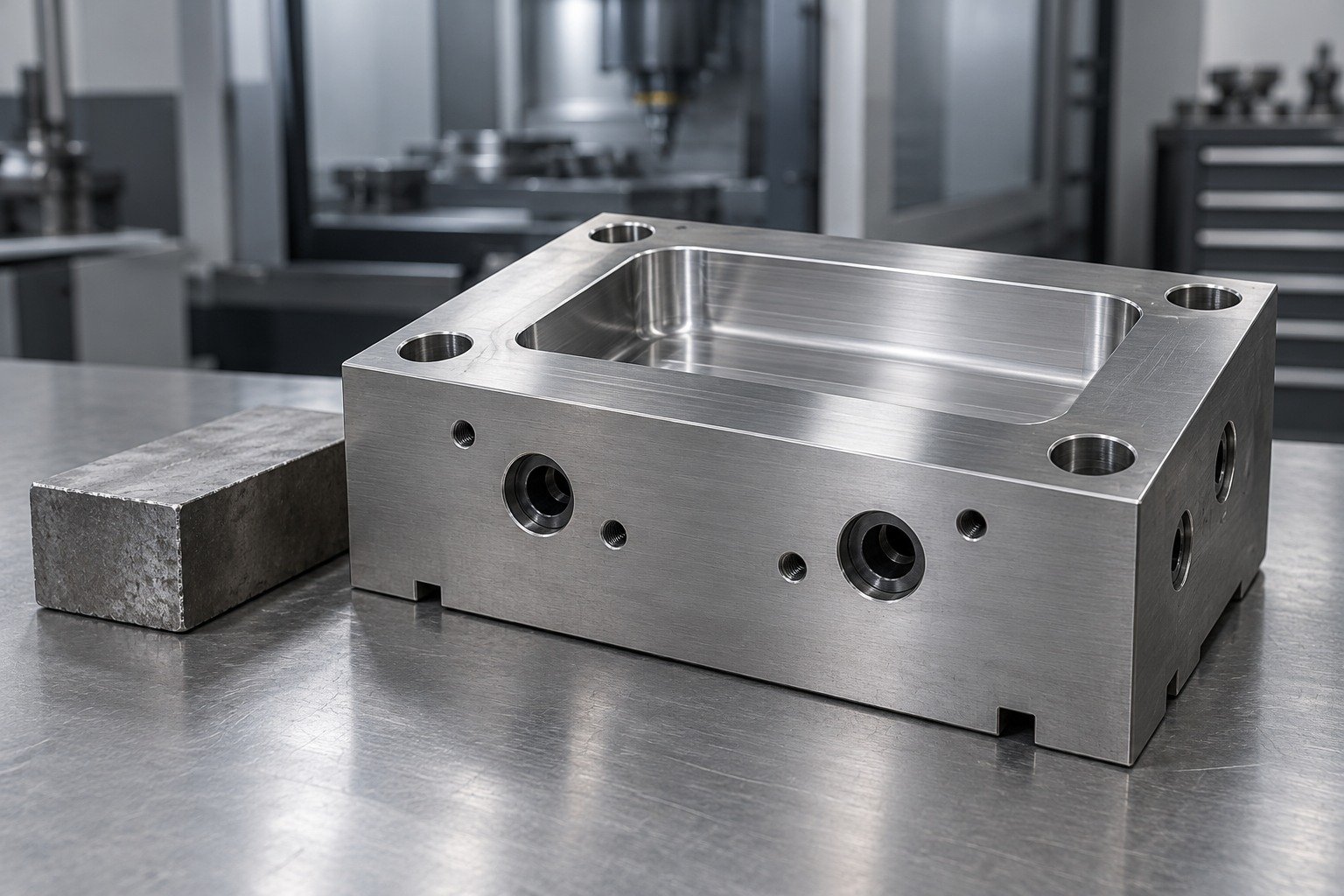 Prehardened mold steel rectangular block with one milled shallow rectangular cavity, drilled cooling ports and polished parting face, adjacent small rough stock coupon, no labels — illustrative component concept