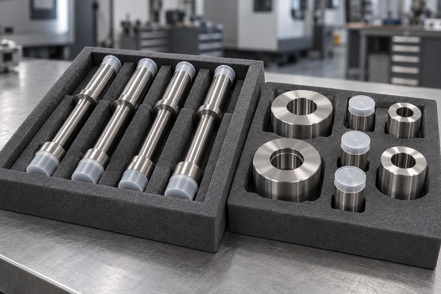 Distinct steel industrial die inserts and blunt shoulder punches in individually cut closed-cell grey foam packaging, protective caps over working surfaces, neatly separated, no logos — illustrative component concept
