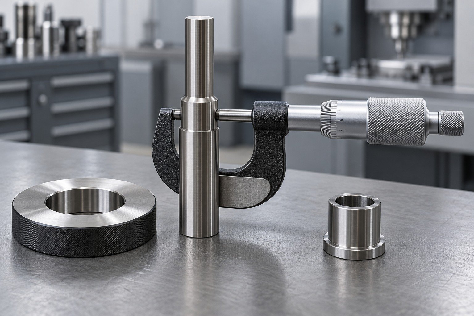 Outside micrometer correctly measuring the ground shoulder diameter of one blunt industrial precision punch, ring gauge and distinct short sleeve on grey bench, no legible numbers — illustrative component concept