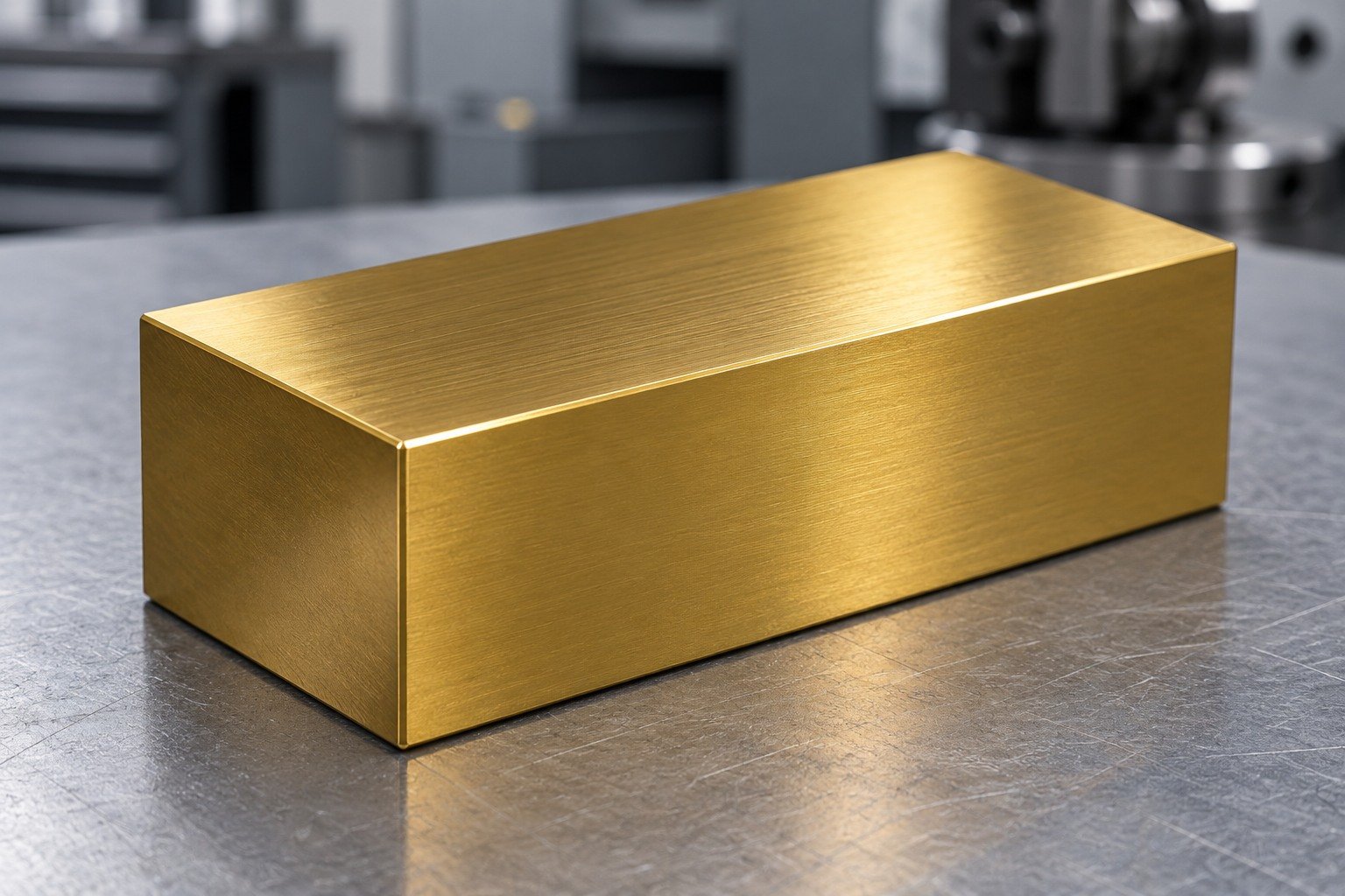 Macro photograph of one small rectangular gold-tone PVD coated tool steel coupon filling frame, realistic thin-film appearance on ground steel, no rainbow, no labels — illustrative component concept