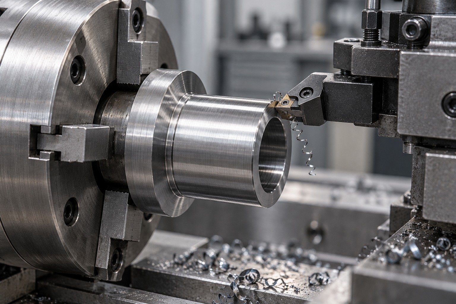 Short industrial tool steel shoulder sleeve being turned in an unbranded lathe, compact workholding and realistic tool contact, no sparks, no people — illustrative component concept