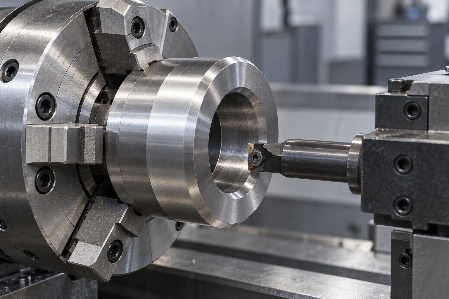 A thick stepped tool steel wear bushing held in a lathe chuck, short boring bar aligned into bore with realistic clearance, no long unsupported tools — illustrative component concept