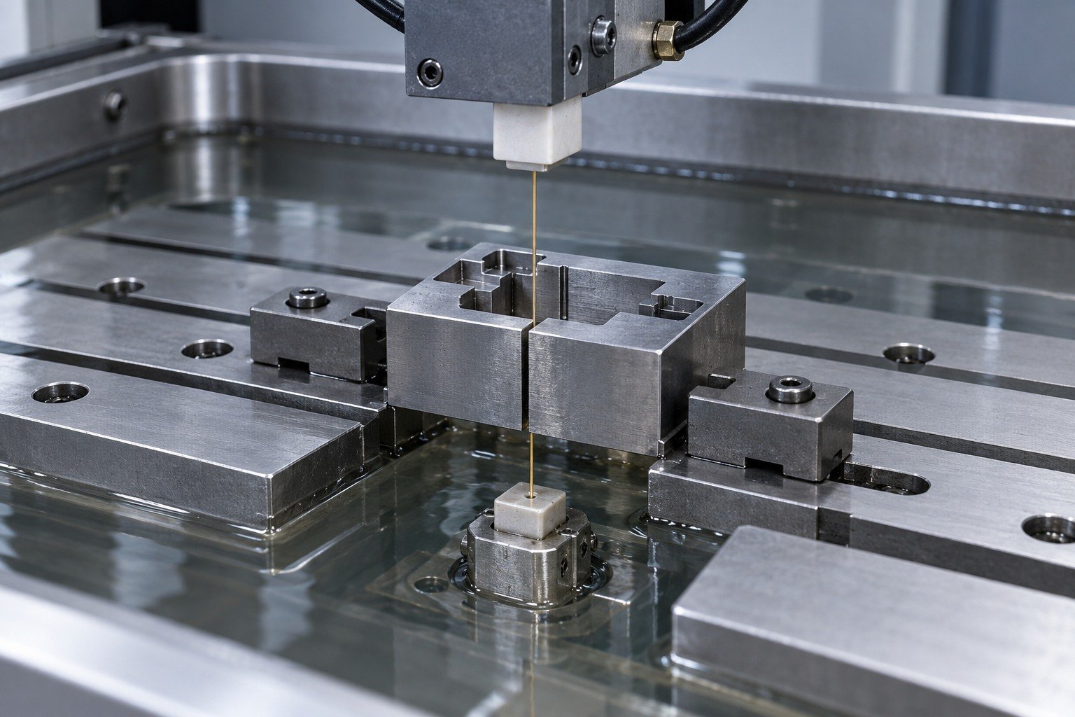 Unbranded industrial wire EDM worktable and steel die insert, very thin vertical wire through a narrow profile opening, clean machining environment, no sparks, no people — illustrative component concept