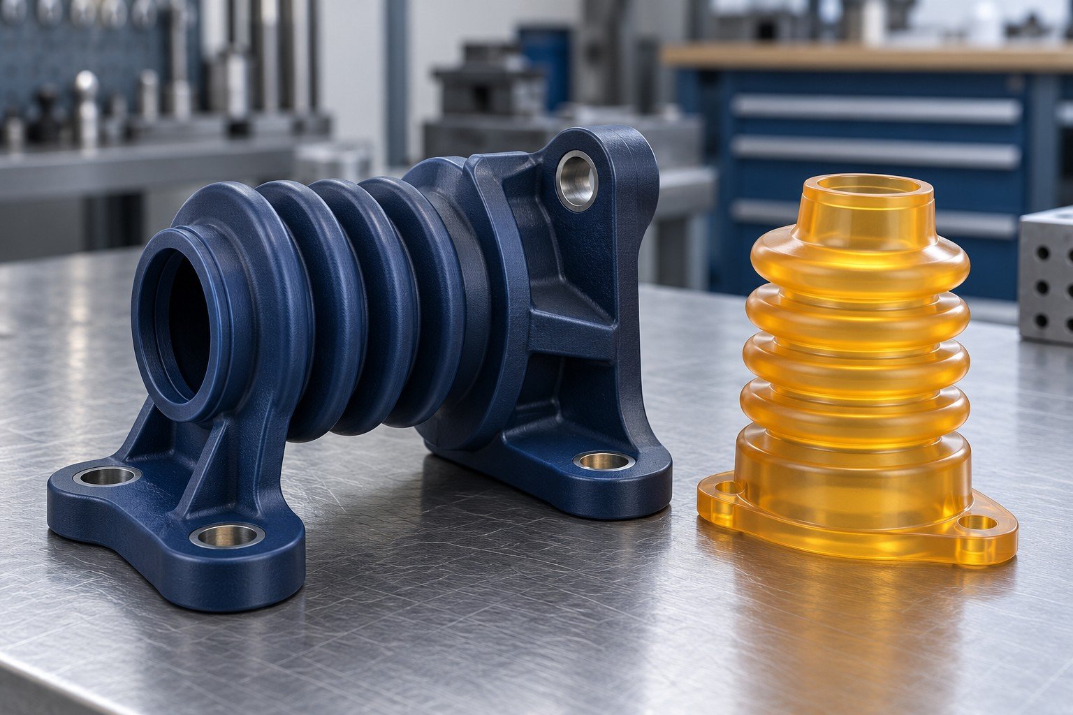 Illustrative blue flexible buffer bracket and amber boot concepts; not material-grade identification