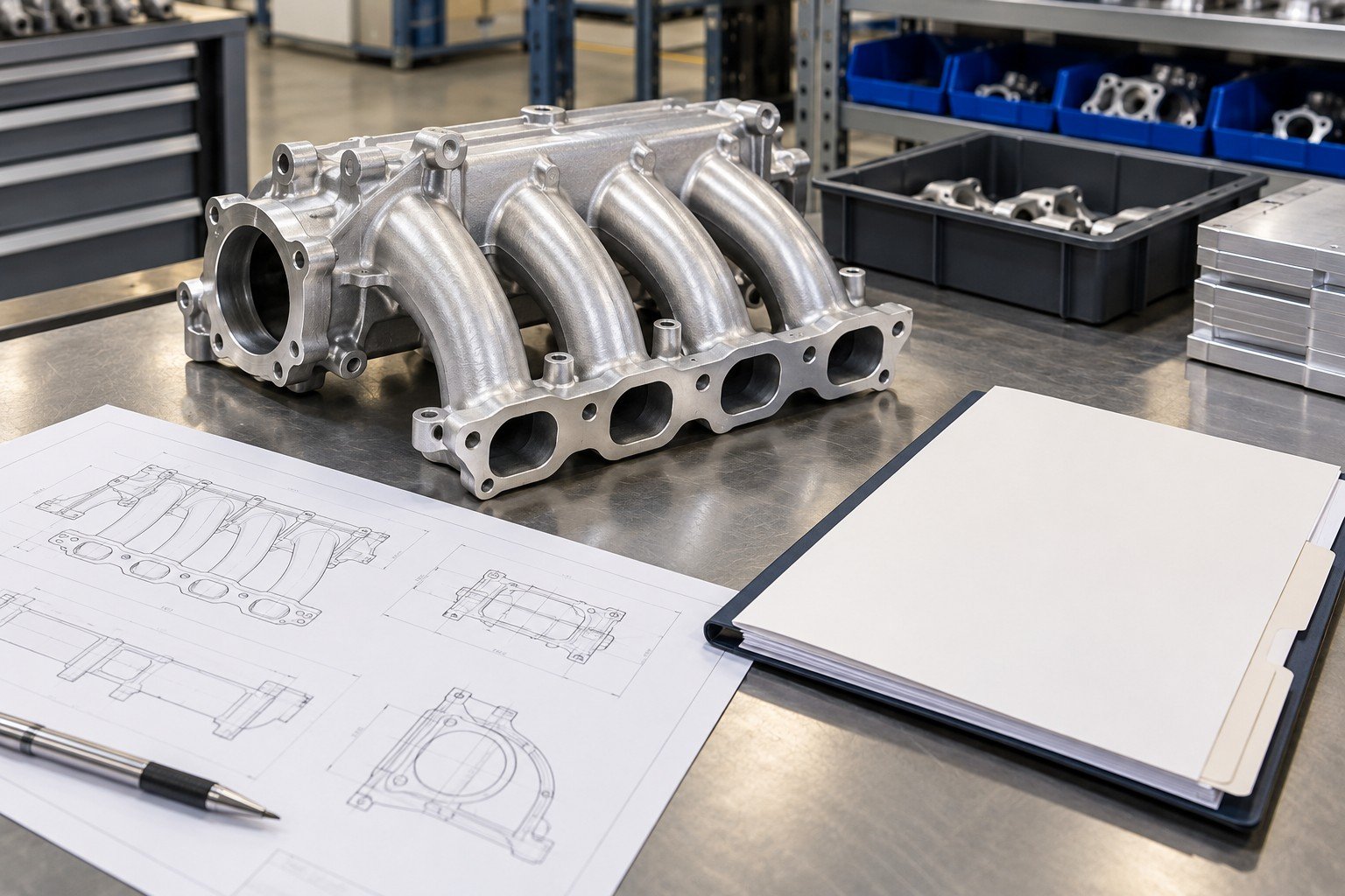 Distinct aluminum manifold on planning desk beside abstract geometry drawing and blank traceability requirement folder