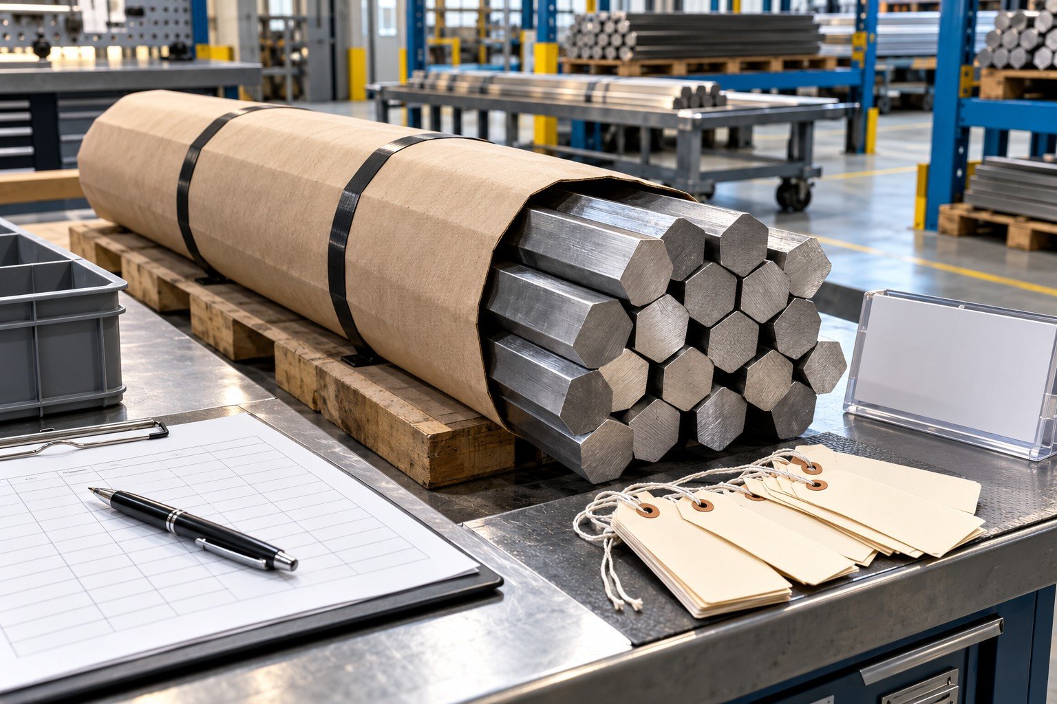 Incoming steel hexagonal stock with blank supplier sleeve and separated receiving tags