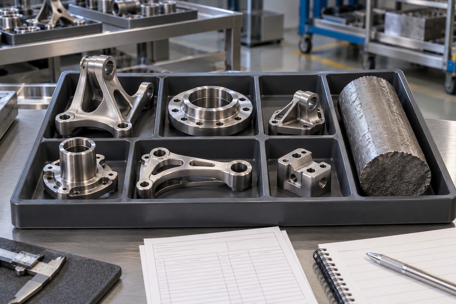 Separated cut titanium-colored blanks and retained raw-stock remnant in individual tray compartments