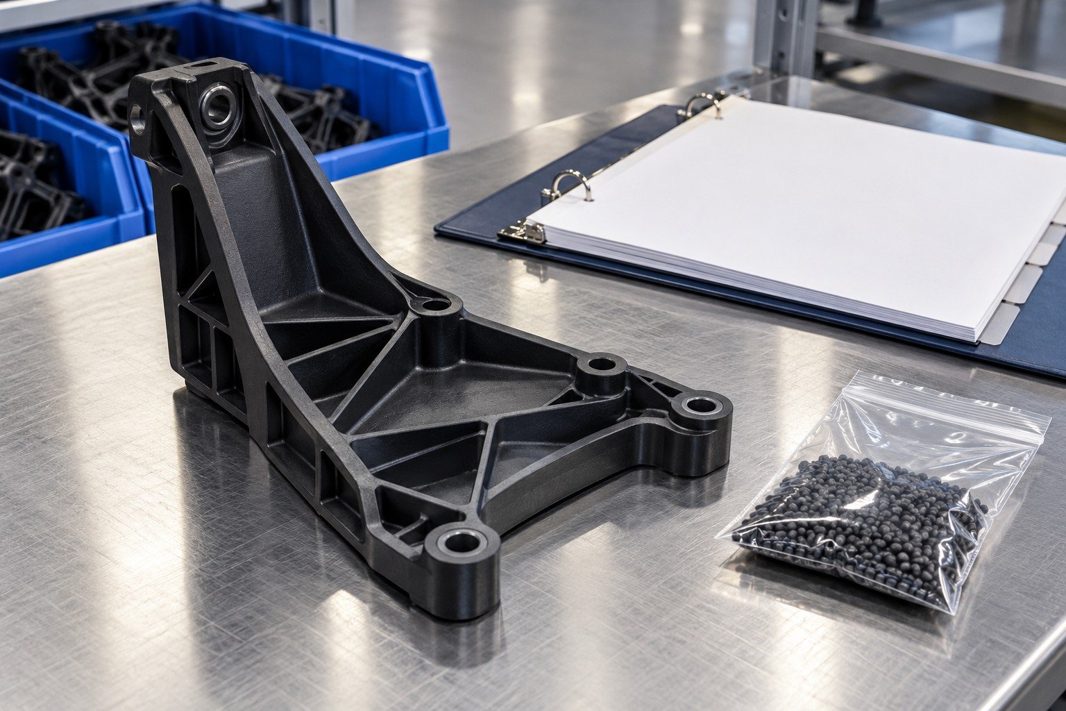Ribbed molded polymer bracket with small sealed resin sample bag and blank process traveler folder