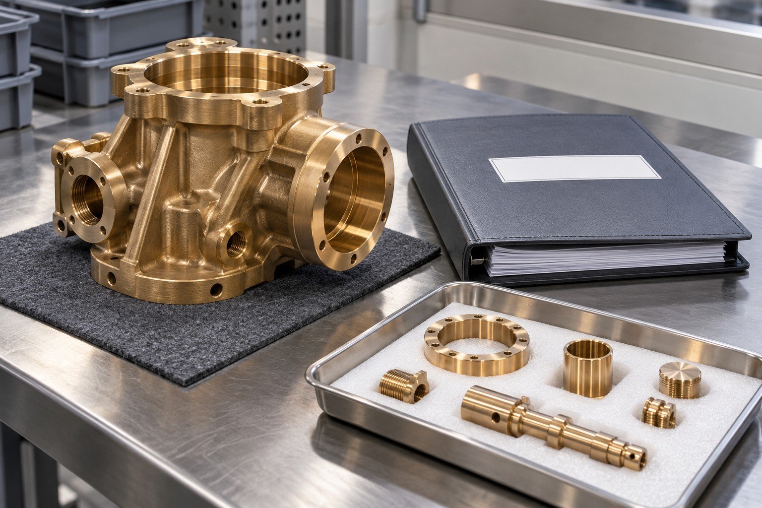 Turned bronze housing beside closed inspection folder and separate finished sample tray