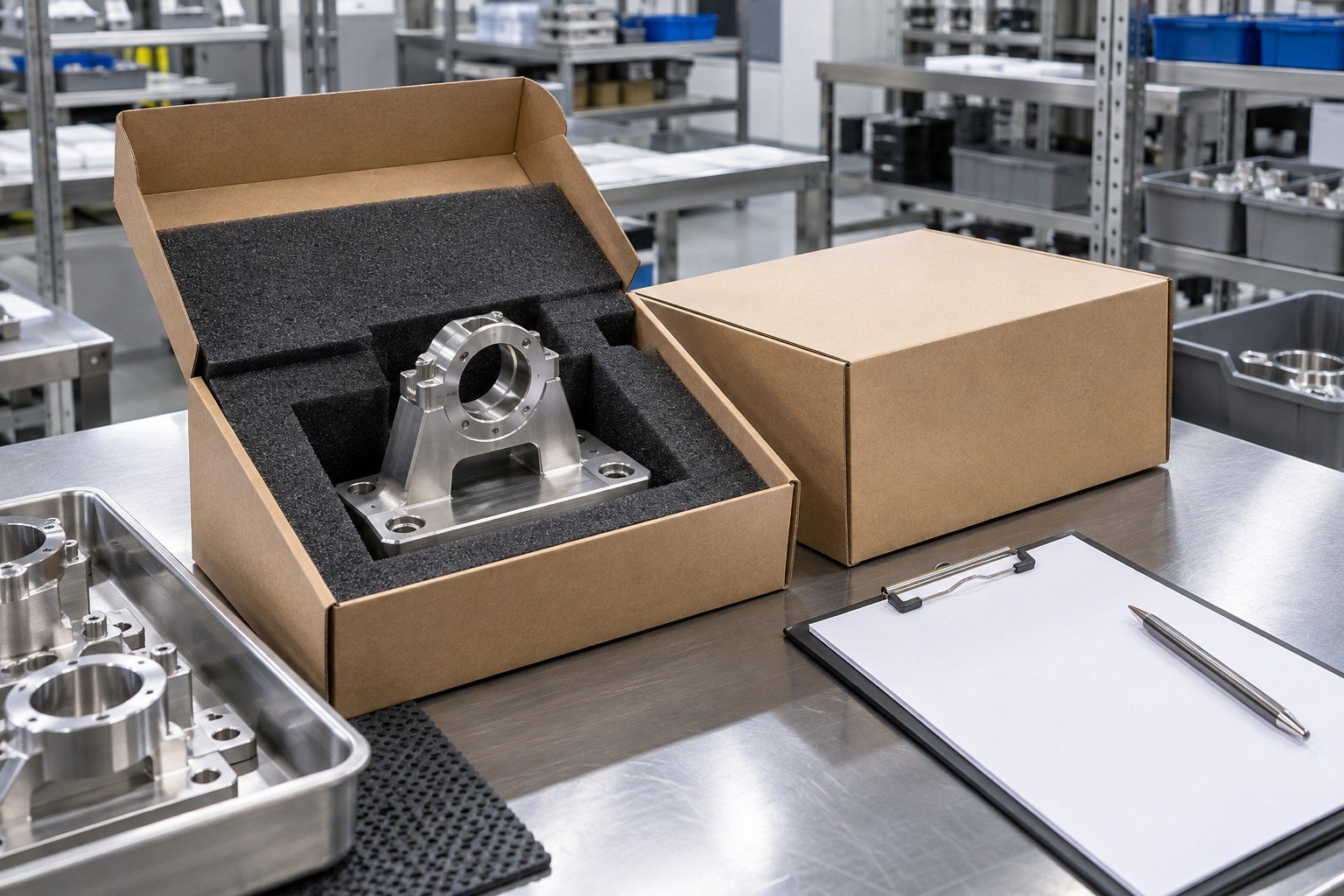 Distinct stainless actuator mount packed in fitted foam beside plain shipment identity sleeve