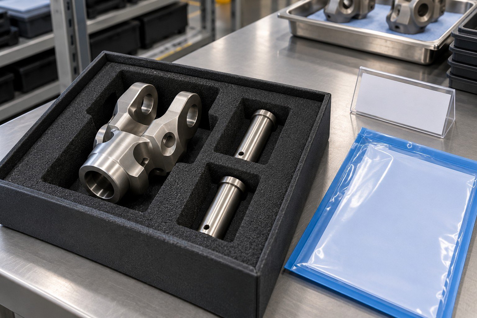 Illustrative traceability concept: machined connector body and pins in a segregated delivery tray beside a sealed record sleeve