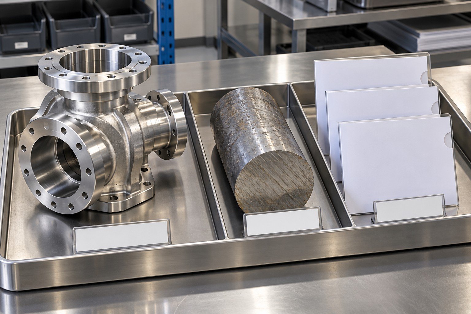 Unique precision machined stainless rotary valve housing with offset flanges on a clean tray beside corresponding rough bar offcut and three separate plain record sleeves, each item in its own compartment with blank identity tag, no CMM machine