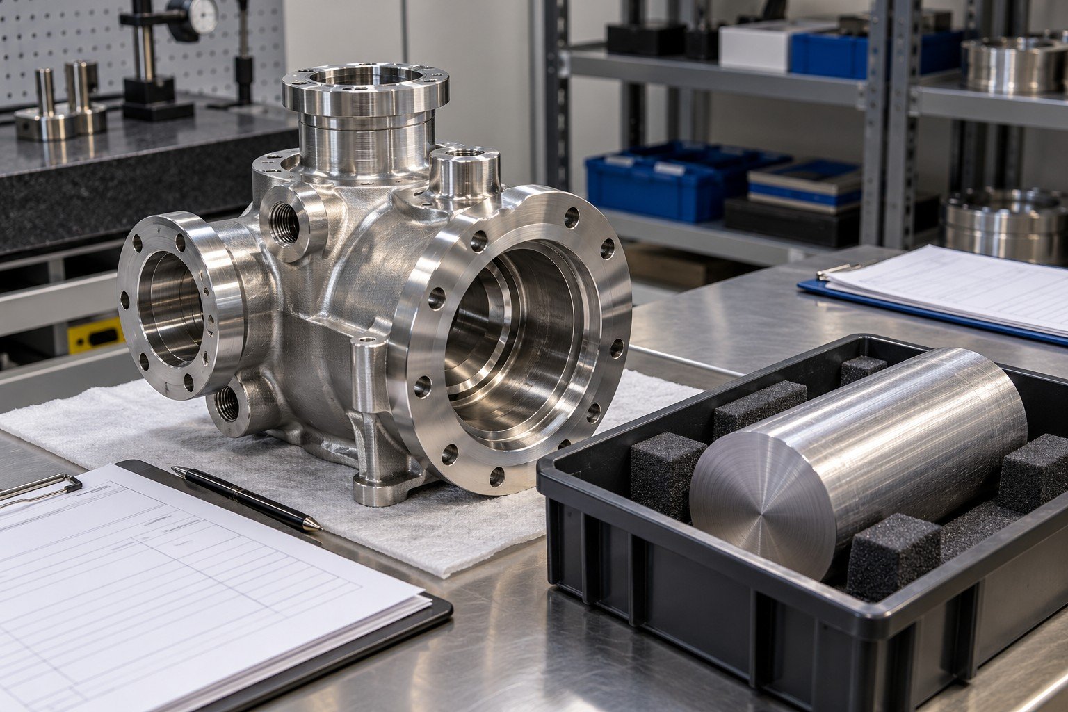 Complex machined stainless pump valve housing and its separate raw bar offcut in protected tray