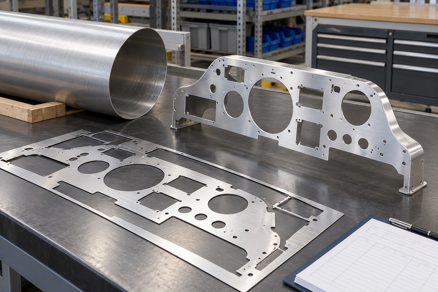 Folded laser-cut aluminum instrument panel beside retained flat sheet offcut and blank source sleeve